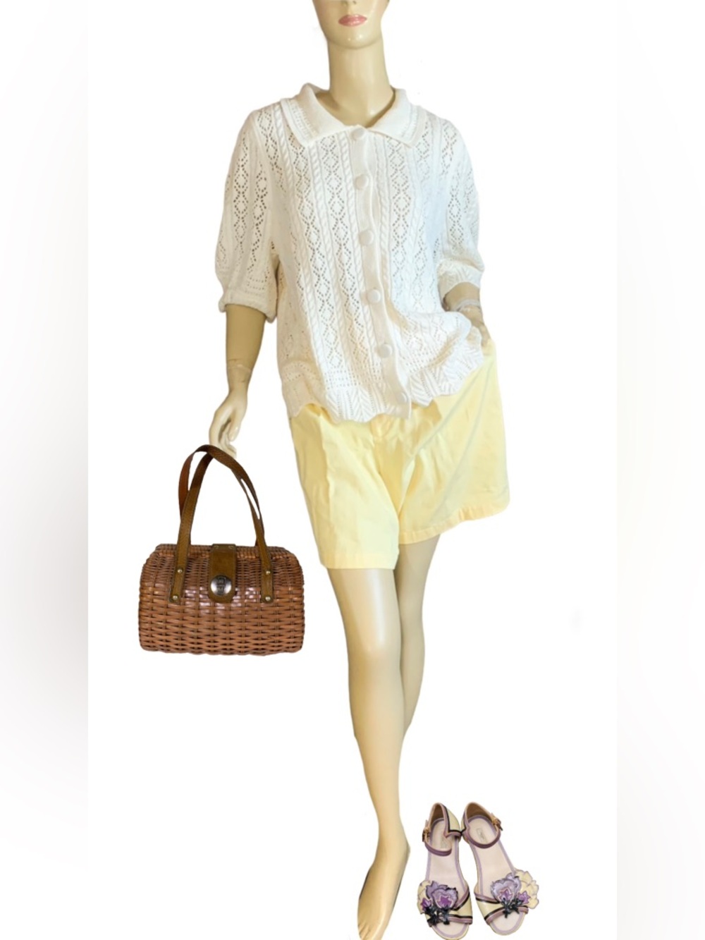 LANDS' END POINTELLE KNIT COTTON BLEND WHITE PUFFED SLEEVE CARDIGAN (XL)